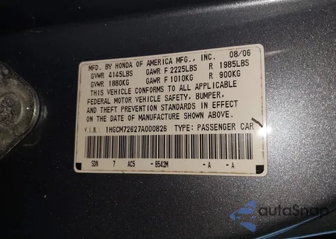 2007 Honda Accord 2.4 Ex from USA, damaged, VIN 1HGCM72627A000826